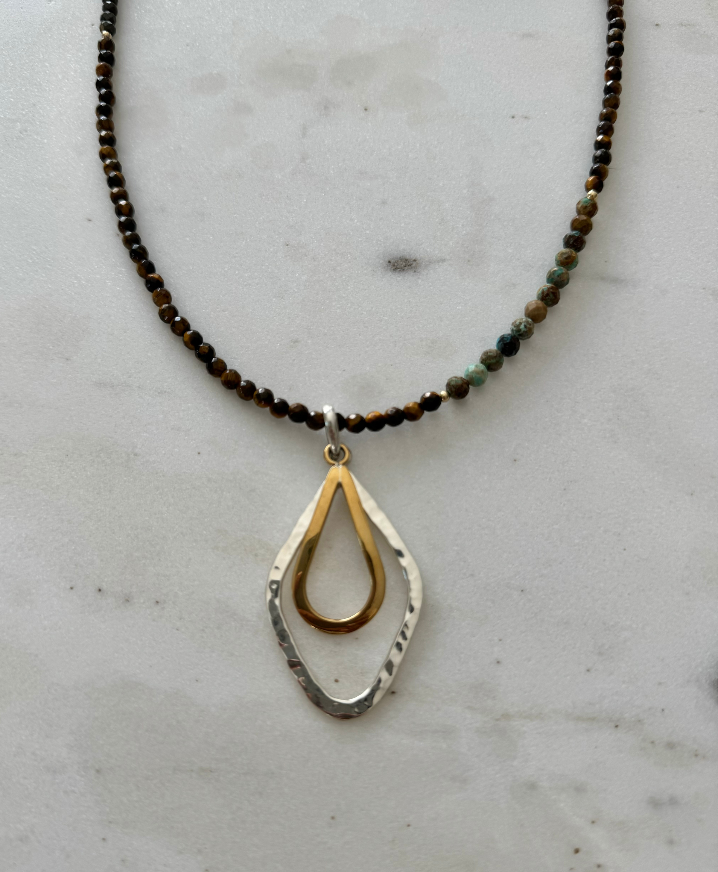 Cleo Tiger Eye Turquoise Sterling Silver Gold Vermeil Double Teardrop Pendant