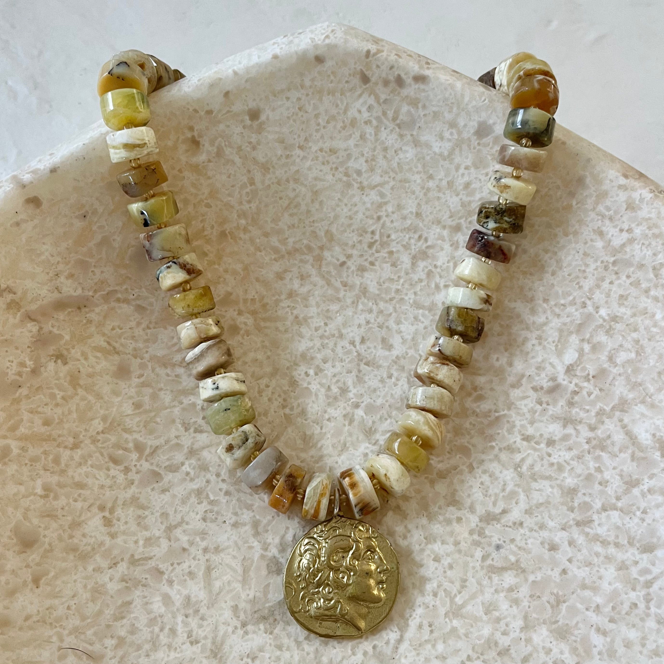 Esperanza Natural Yellow Opal Gold Filled Coin Pendant Necklace