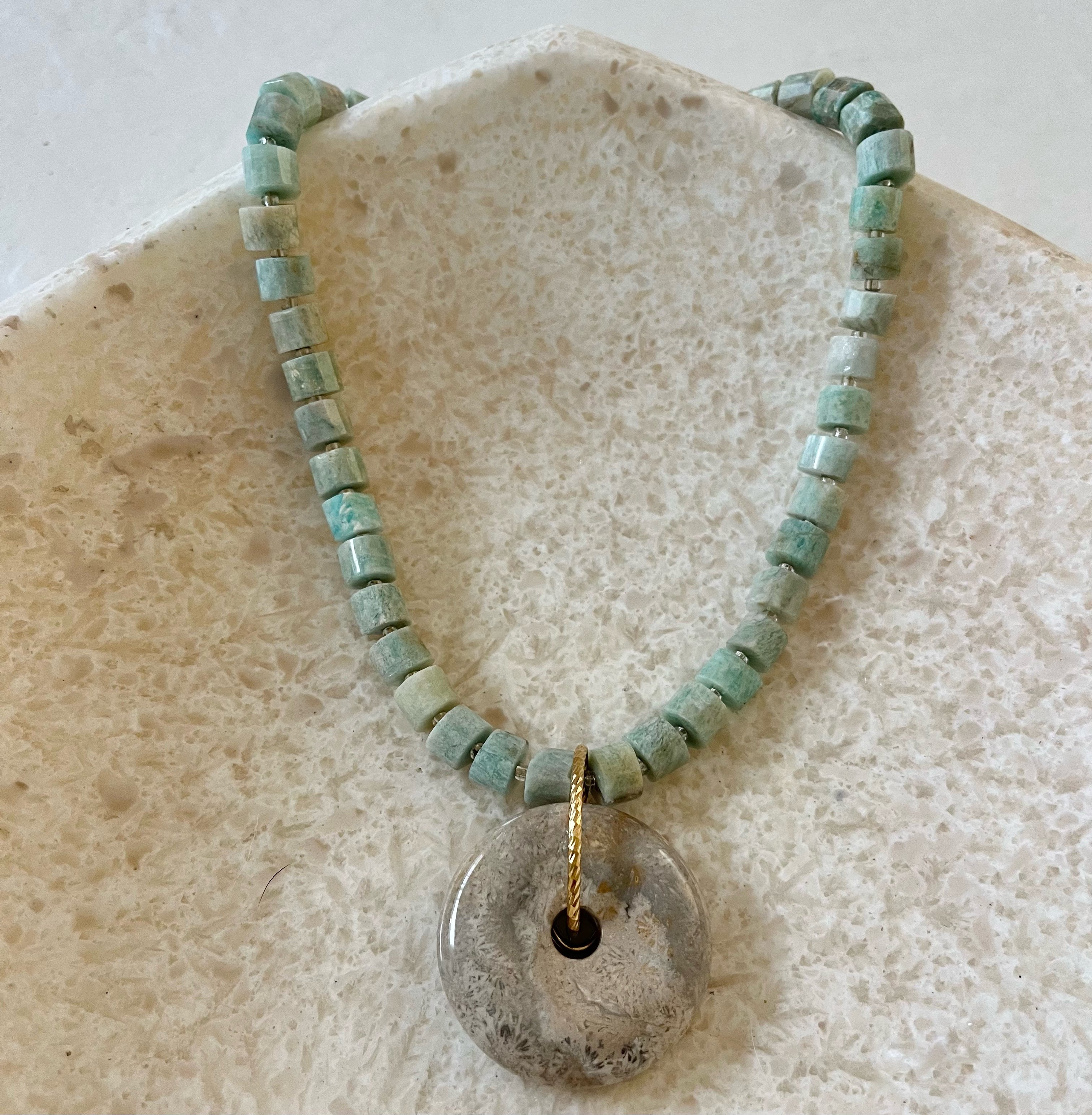 Marsito Aquamarine Round Agate Disc Pendant Necklace