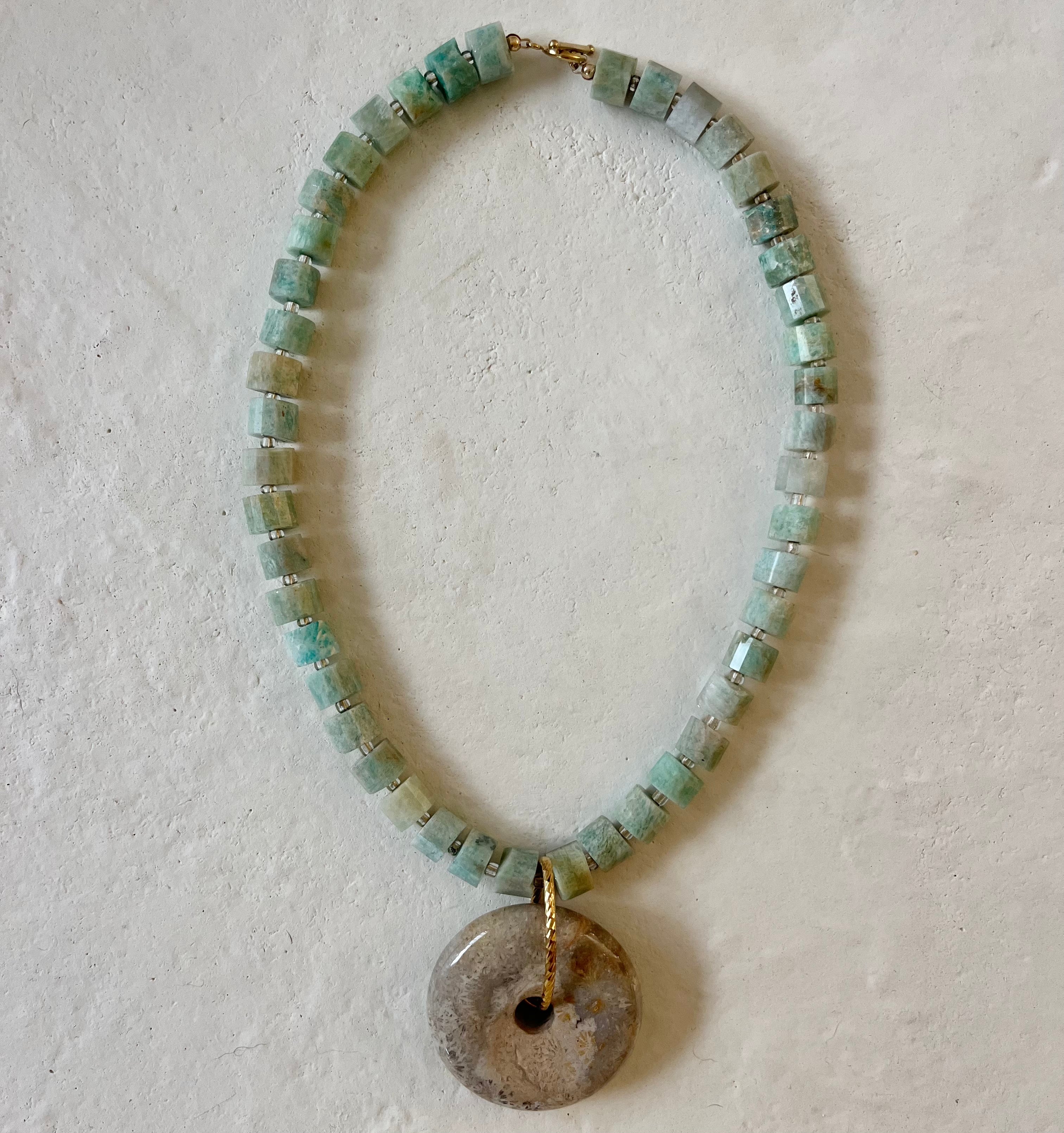 Marsito Aquamarine Round Agate Disc Pendant Necklace