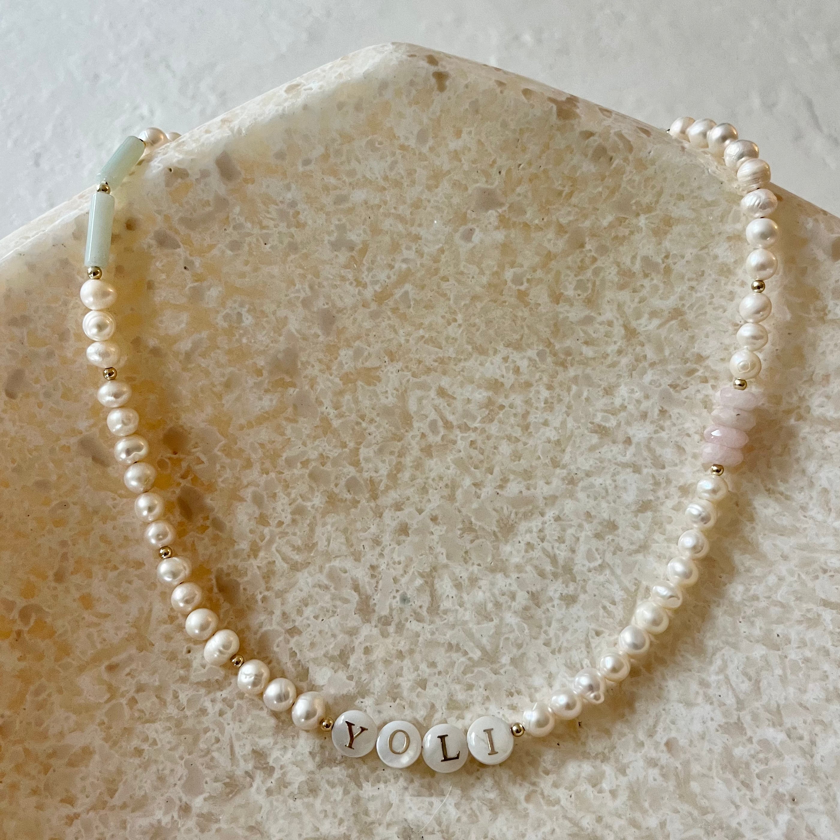 KALMA Pearl Aquamarine Rose Quartz Necklace