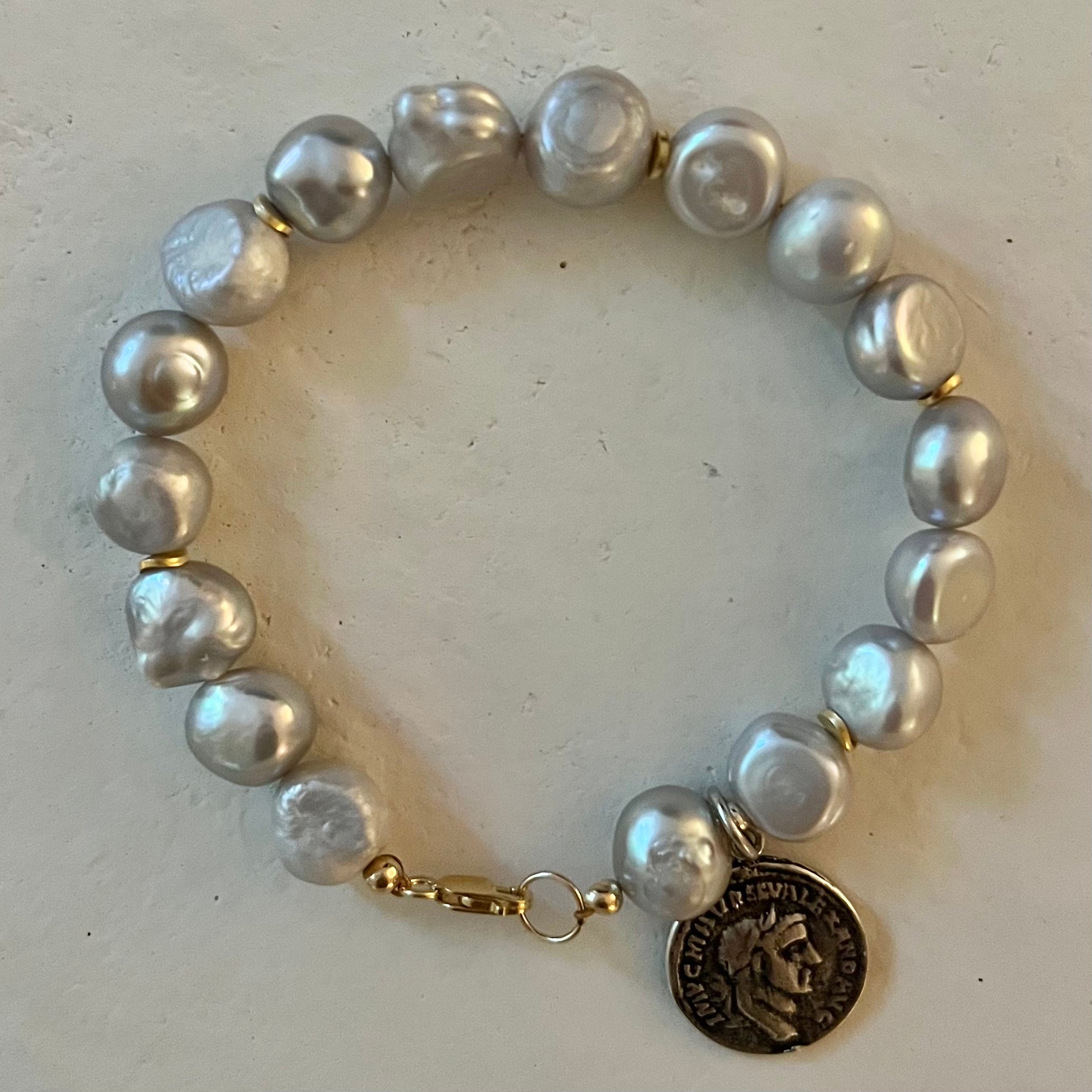 Platina Pearl Sterling Silver Coin Charm Bracelet