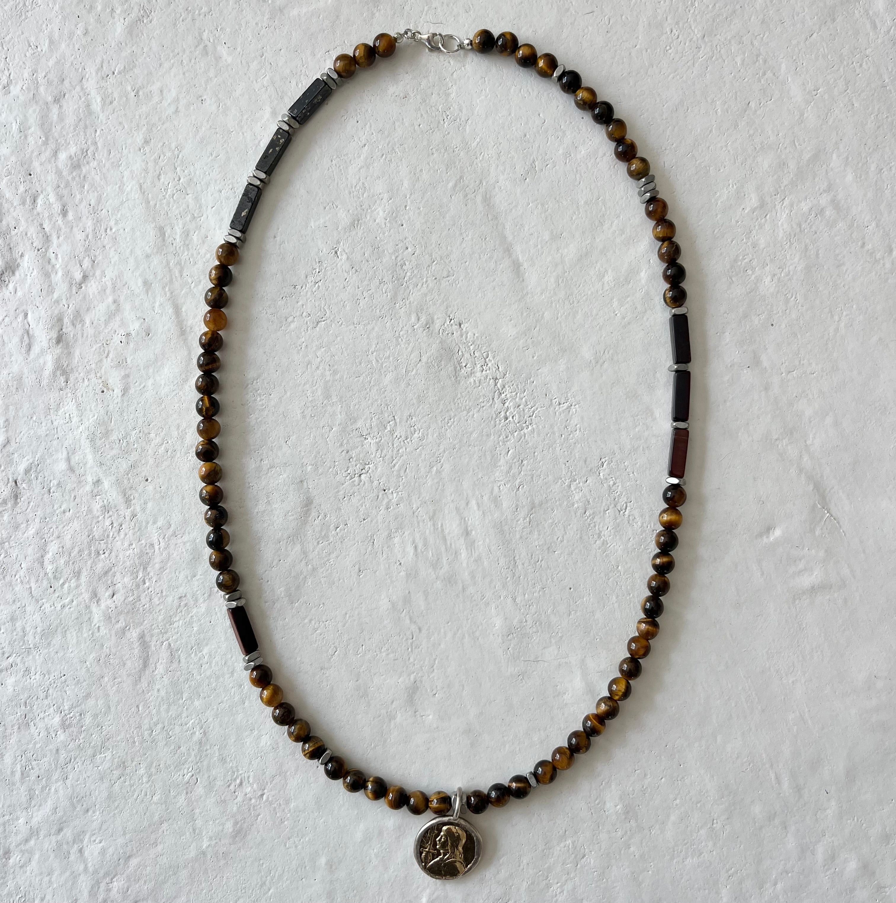 Mazza Tiger Eye Sterling Silver Gold Filled Coin Pendant Necklace