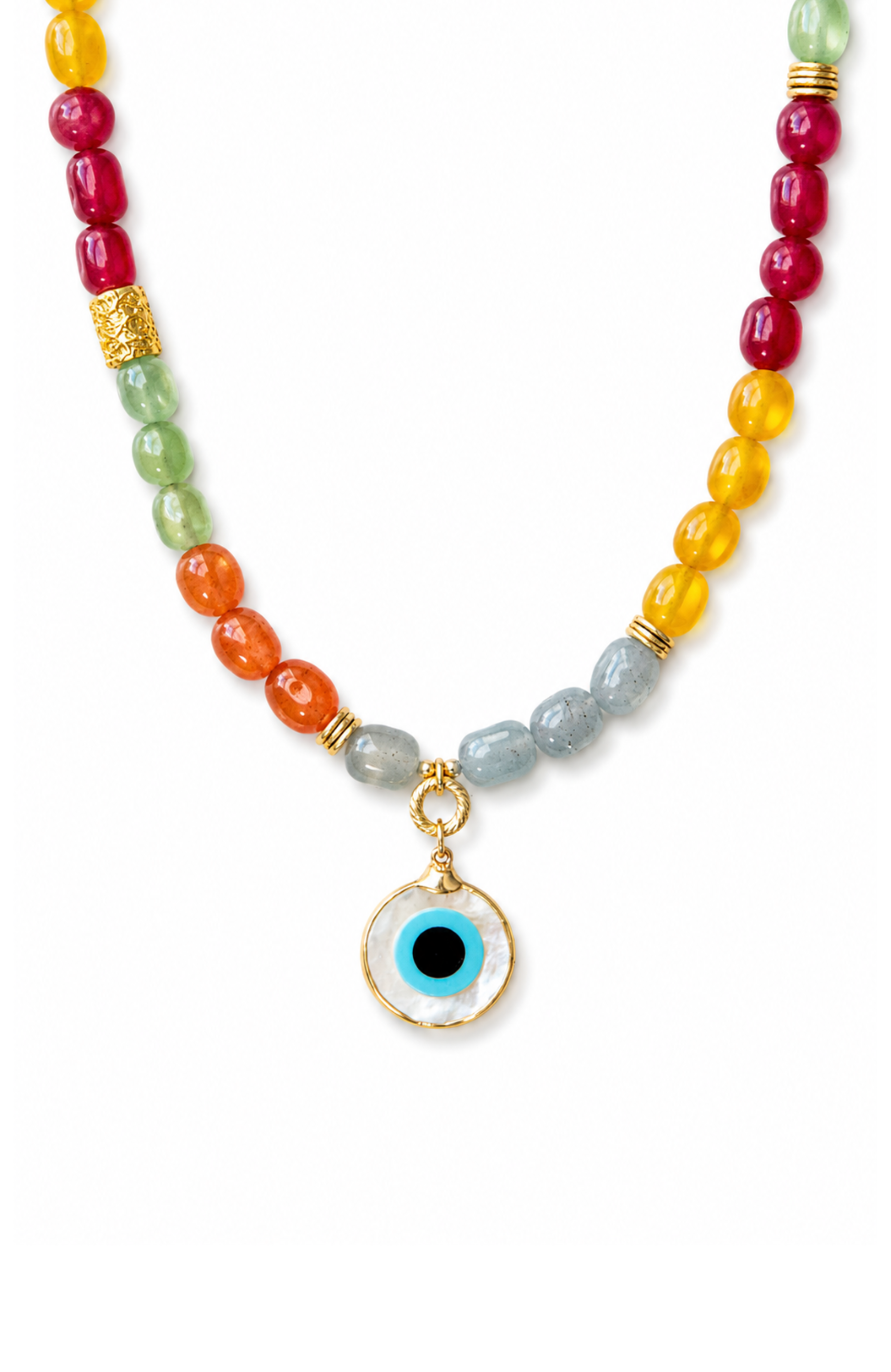 Aura Multi-Color Enhanced Jade Necklace with Evil Eye Pendant