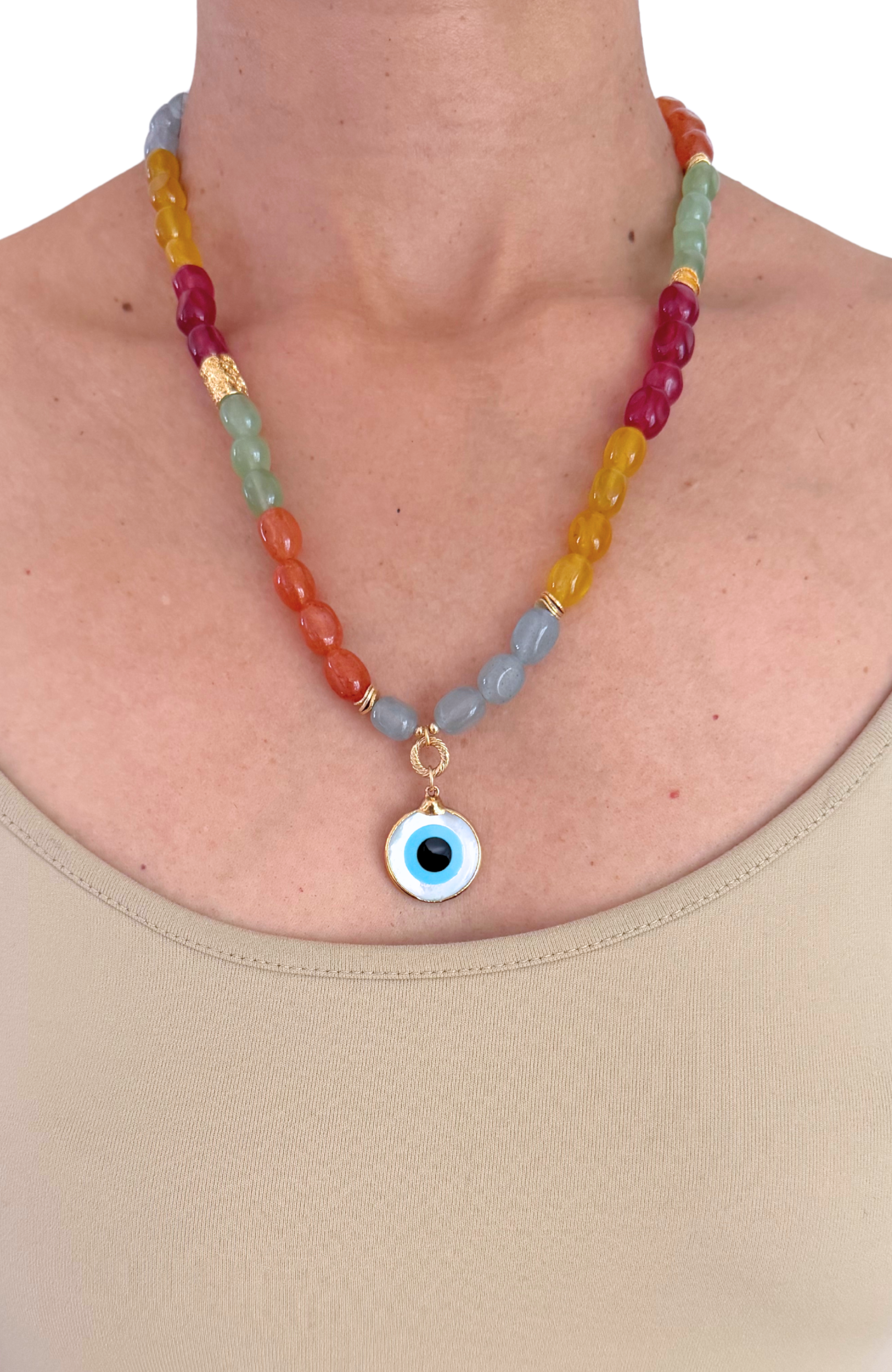 Aura Multi-Color Enhanced Jade Necklace with Evil Eye Pendant