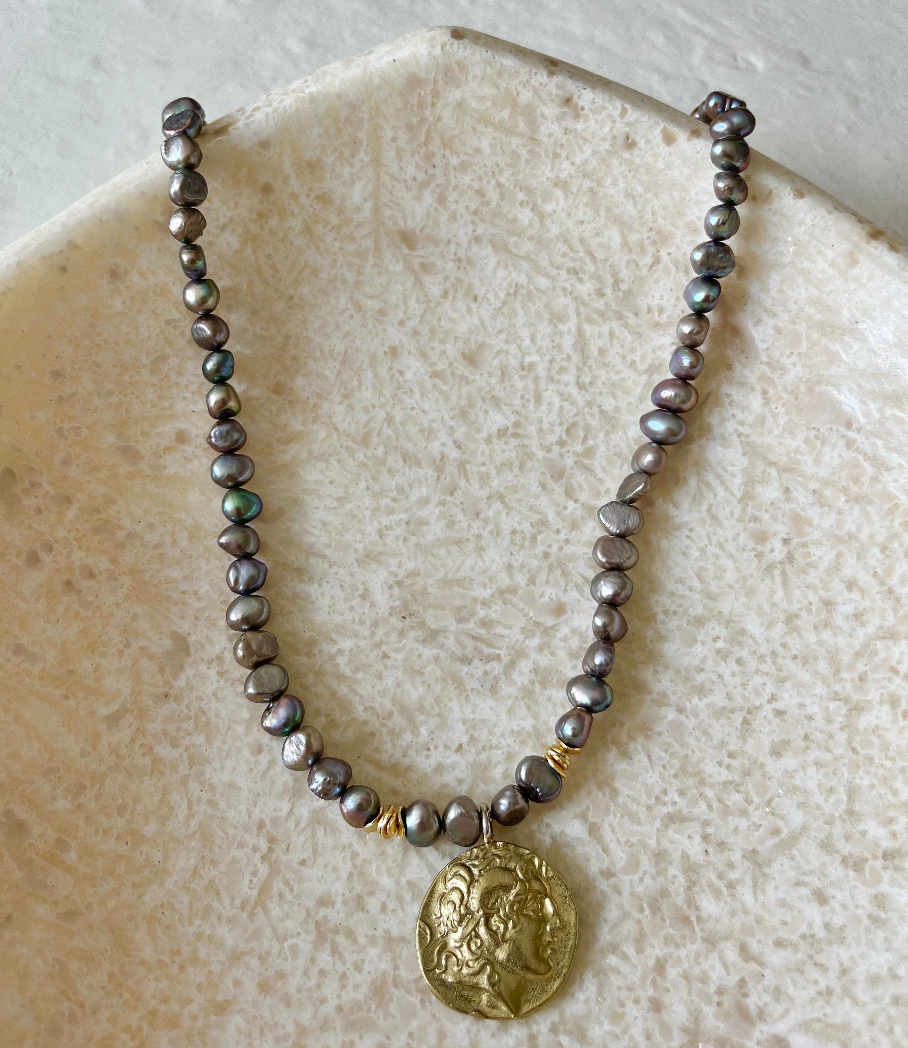 Monarca Pearl Gold Filled Coin Pendant Necklace
